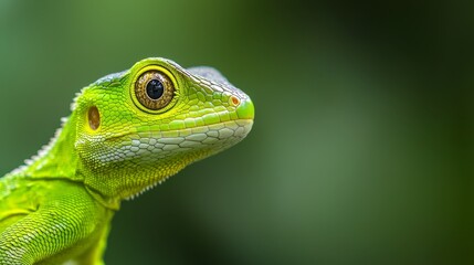 Obraz premium A tight shot of a green lizard's face, background blurred with trees and bushes
