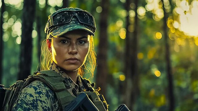 A young Latina woman soldier, in full tactical gear and camouflage, stands alert in a dense jungle at sunrise. The early morning light filters through the trees, setting a focused and intense mood.