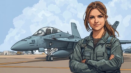 Beautiful female pilot in overalls standing on runway looking at camera with fighter jet and cloudy sky in background.