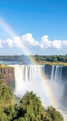 Fototapeta premium A stunning rainbow gracefully spans the sky above Victoria Falls, while a person enjoys the tranquil view with their dog in a lush, green setting