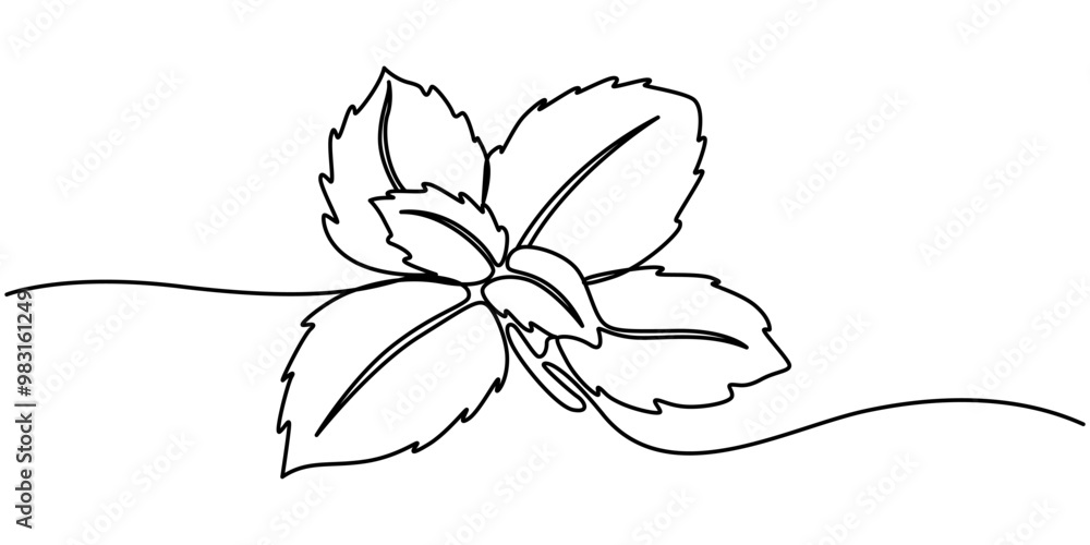 Poster basil leaves simple vector sketch drawing. one continuous line art illustration for background or pe