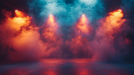 Fototapeta premium A stage bathed in colorful smoke and spotlights.