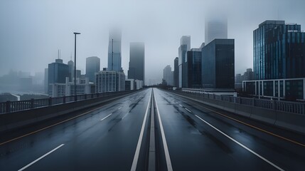 Empty Highway Through Foggy Cityscape