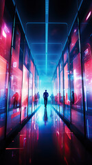 generated illustration of man walking on a large monitor in a room full of monitors