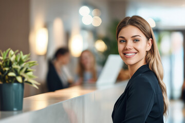 Young woman working as receptionist or front desk manager, standing at the reception smiling she waits for guests. Generative AI