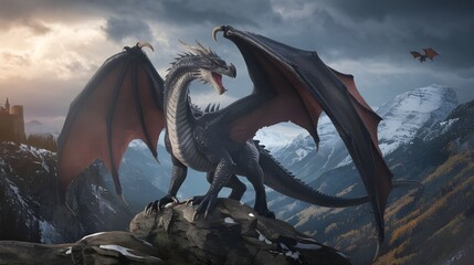Fototapeta premium Black Dragon on Mountn Peak with Castle in Background