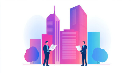 Two businessmen standing in front of a cityscape, reviewing documents.