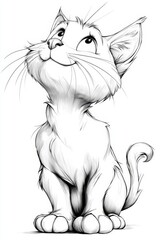  A monochrome depiction of a feline in a seated position on its haunches, gazing upwards at an airborne object