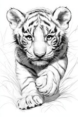 Obraz premium A black-and-white drawing of a tiger cub on the ground, with one paw touching the earth