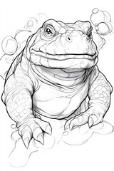 Fototapeta premium A large alligator in black and white, sporting bubble-like markings on its back legs, and a broad grin on its face
