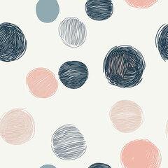Circle line art doodle pattern, with simple shapes, resembling yarn balls. Seamless pattern