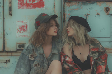 two beautiful girls kissing anime art