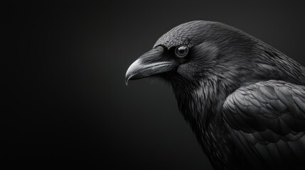 Fototapeta premium A black-and-white image of a black bird against a solid black background