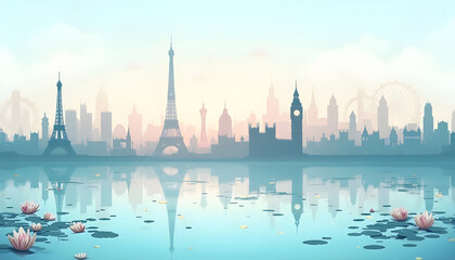 Fototapeta premium Drift into Slumbering Cities, where iconic landmarks surrender to tranquil waters, evoking serenity and wonder in surreal, dreamlike landscapes. World Tourism Day.