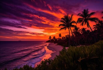 Fototapeta premium vibrant seaside sunset silhouetted palm trees creating stunning coastal view, beach, coastline, ocean, horizon, twilight, colors, landscape, nature, evening