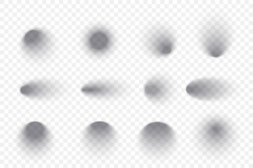 Round drop shadows set. Transparent gray gradient ellipse shapes.