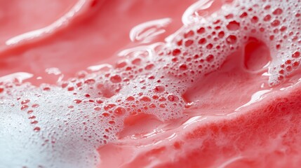 Fototapeta premium A tight shot of a pink-white composite surface dotted with water droplets In its center, a red-white object is positioned
