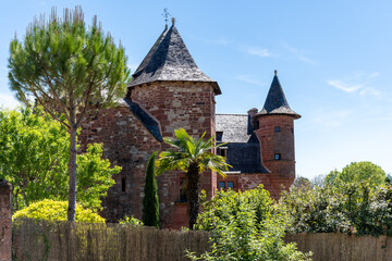 Collonges-la-Rouge village, one of the most beautiful villages in France with houses made from red stones, tourists destination in Dordogne