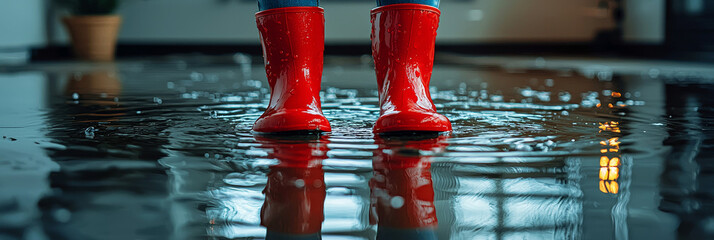 Red rain boots stand in a puddle on a wet floor.