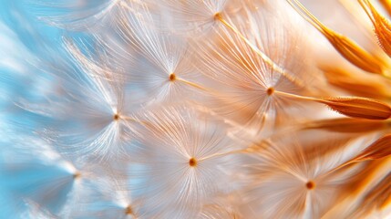  A tight shot of a dandelion flower against a backdrop of a clear blue sky