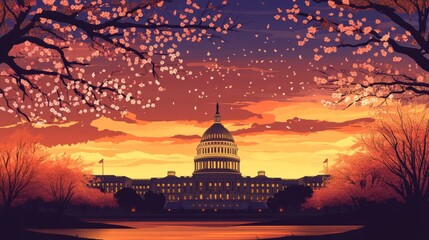 Obraz premium Stunning Sunset Over Capitol Building with Cherry Blossoms
