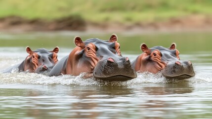 Fototapeta premium A mother hippopotamus swims gracefully in an African river while her baby peek out from her side, showcasing their bond in the tranquil waters surrounded by greenery