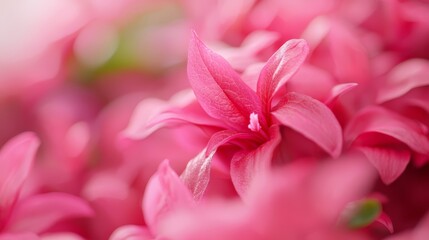 Fototapeta premium A pink flower, fully bloomed, against a backdrop of similar blossoms in a vase