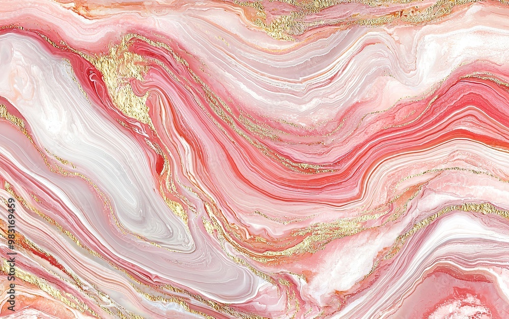 Poster abstract pink and gold marbled design with swirling patterns and smooth textures in a blend of soft 
