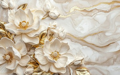 Elegant floral composition featuring handcrafted white flowers and golden accents against a marbled background