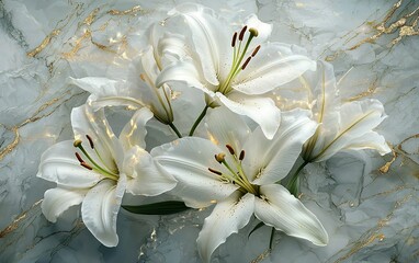 Delicate white lilies on a marble surface with golden accents, beautifully arranged for a serene and elegant display