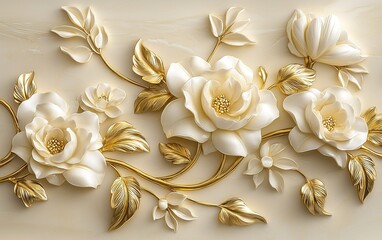 Elegant white and gold floral wall decoration featuring intricate roses and leaves designed for interior spaces