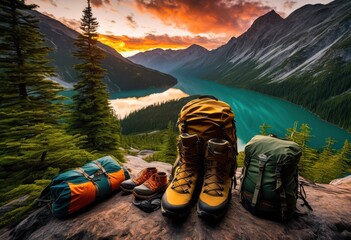 breathtaking landscapes featuring essential travel gear adventure tools outdoor enthusiasts, backpack, camping, compass, destination, environment, equipment