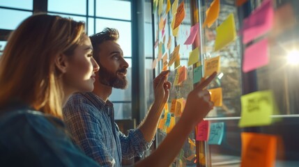 Collaborative Brainstorming Session with Sticky Notes in Modern Office