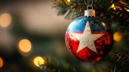 close-up of a christmas tree with a red, white, and blue decorated ball in the form of a star, resembling the texas flag