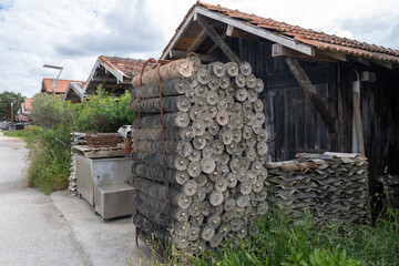 Travelling in France, old wooden huts and oysters farms in Gujan-Mestras village, cultivation and...