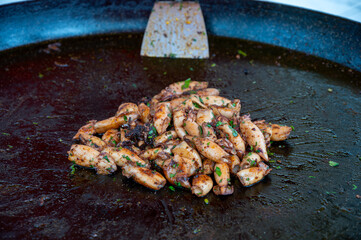 Assortment of fresh daily catch of prawns, seashells, molluscs on ice on fish market in Brittany, France, English translation: differens French names of seafood