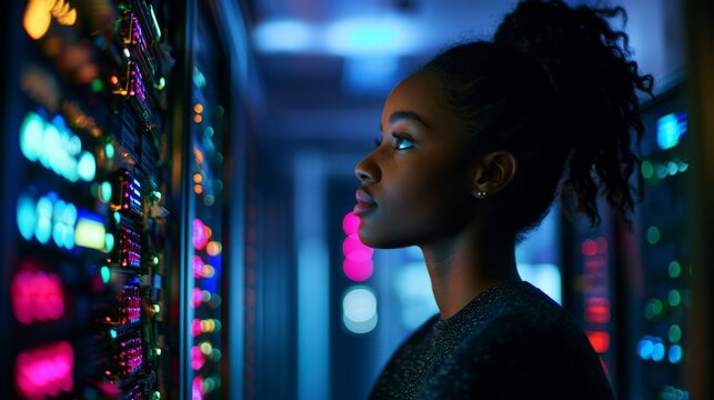 Focused Woman Working with Digital Data in Server Room - Powered by Adobe