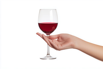 A hand elegantly presenting a glass of red wine against a clean white background, inviting a moment of indulgence and relaxation