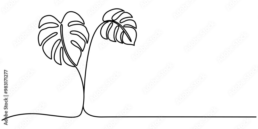 Poster this is a modern monstera leaf drawing in one line and continuous outline in a minimalistic style, c
