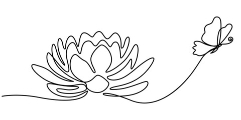 Flower lotus with butterfly in one continuous line drawing. Logo yoga studio and wellness spa salon concept in simple linear style. Water lily in editable stroke. Lotus flower and butterfly isolated