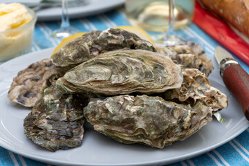 Plate with fresh live oysters with citron, bread, butter and white wine served at restaurant in oyster-farming village, Arcachon bay, Gujan-Mestras port, France