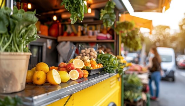 Vibrant food truck in a busy urban setting, featuring clear space on the left for text placement.