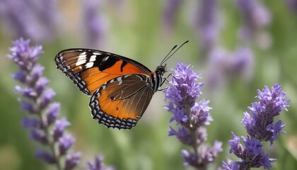 A vibrant butterfly resting on lavender flowers during a sunlit afternoon in a tranquil garden setting