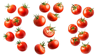 Set of Falling tomato isolated on white background, clipping path, full depth of field