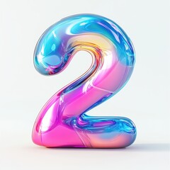 3D number 2 with fluid glass effect, vibrant gradient colors texture realistic modern design, soft lighting, white background. 