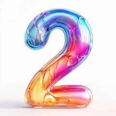 3D number 2 with fluid glass effect, vibrant gradient colors texture realistic modern design, soft lighting, white background. 