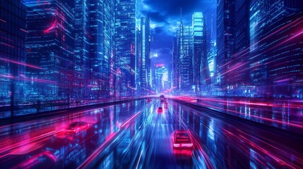Vibrant Night Cityscape with Motion Blur and Neon Lights