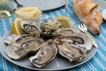 Plate with fresh live oysters with citron, bread, butter and white wine served at restaurant in oyster-farming village, Arcachon bay, Gujan-Mestras port, France