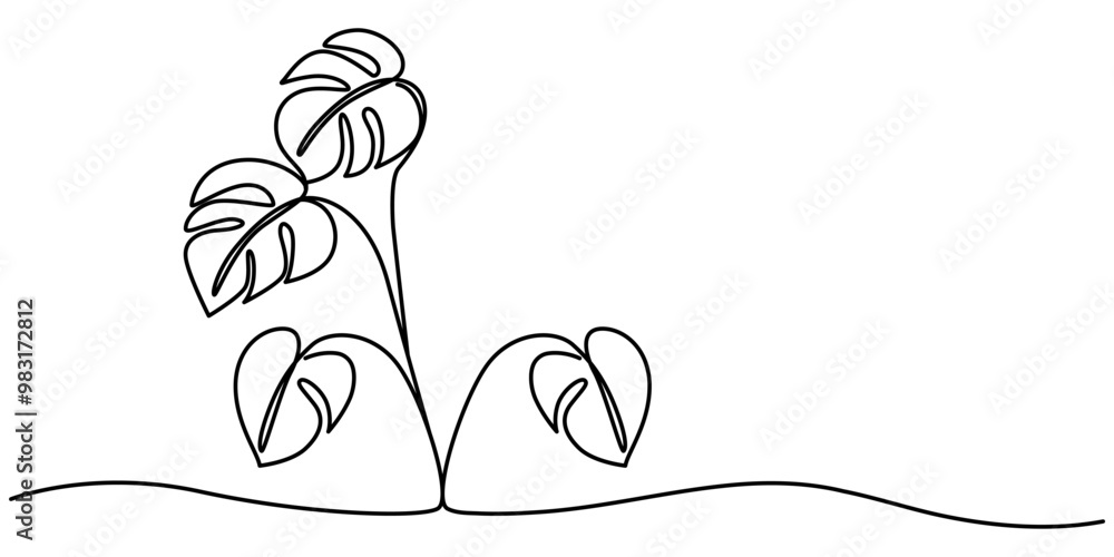 Poster this is a modern monstera leaf drawing in one line and continuous outline in a minimalistic style, c