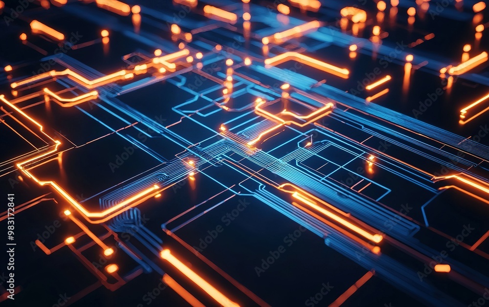 Poster abstract representation of a digital circuit board illuminated in orange and blue hues, showcasing i
